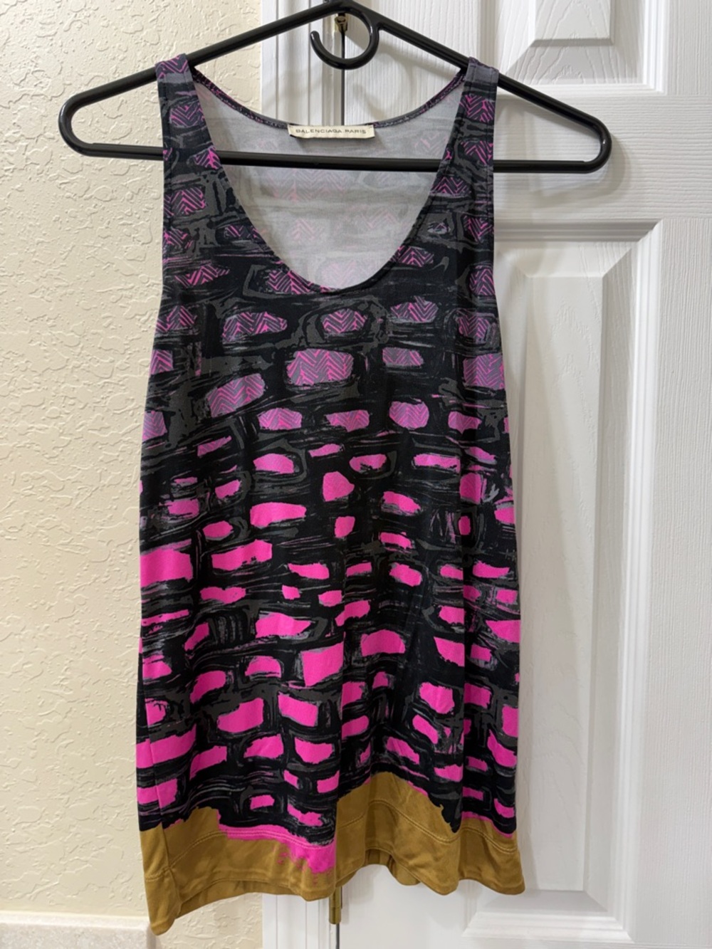 Balenciaga Black Pink and Gold Graphic Silk Tank Top